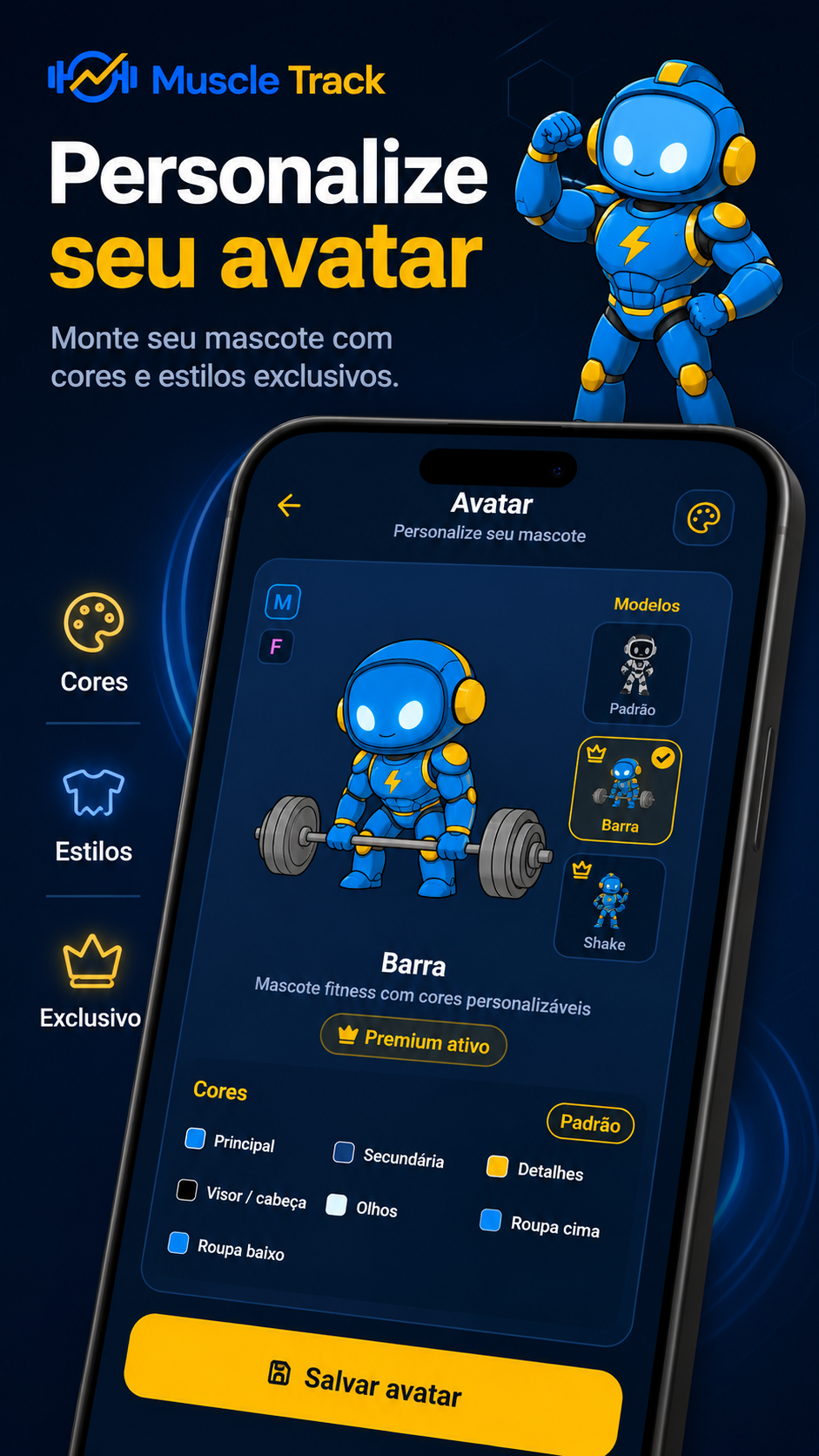 Personalização de avatar no Muscle Track