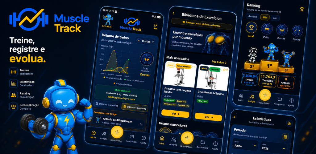 Visão geral do Muscle Track com várias telas do aplicativo
